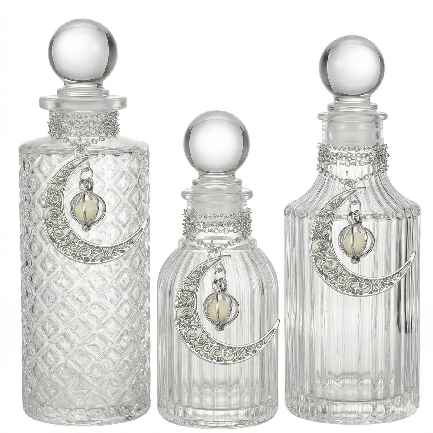 Moon Energy Glass Bottle Set with 3 Luminous Moon Pattern Necklace, Airtight Glass Jars for Crystal Cleansing, Rituals & Altar Decor Meditation Witchcraft with Leak-Proof Silicone Stopper