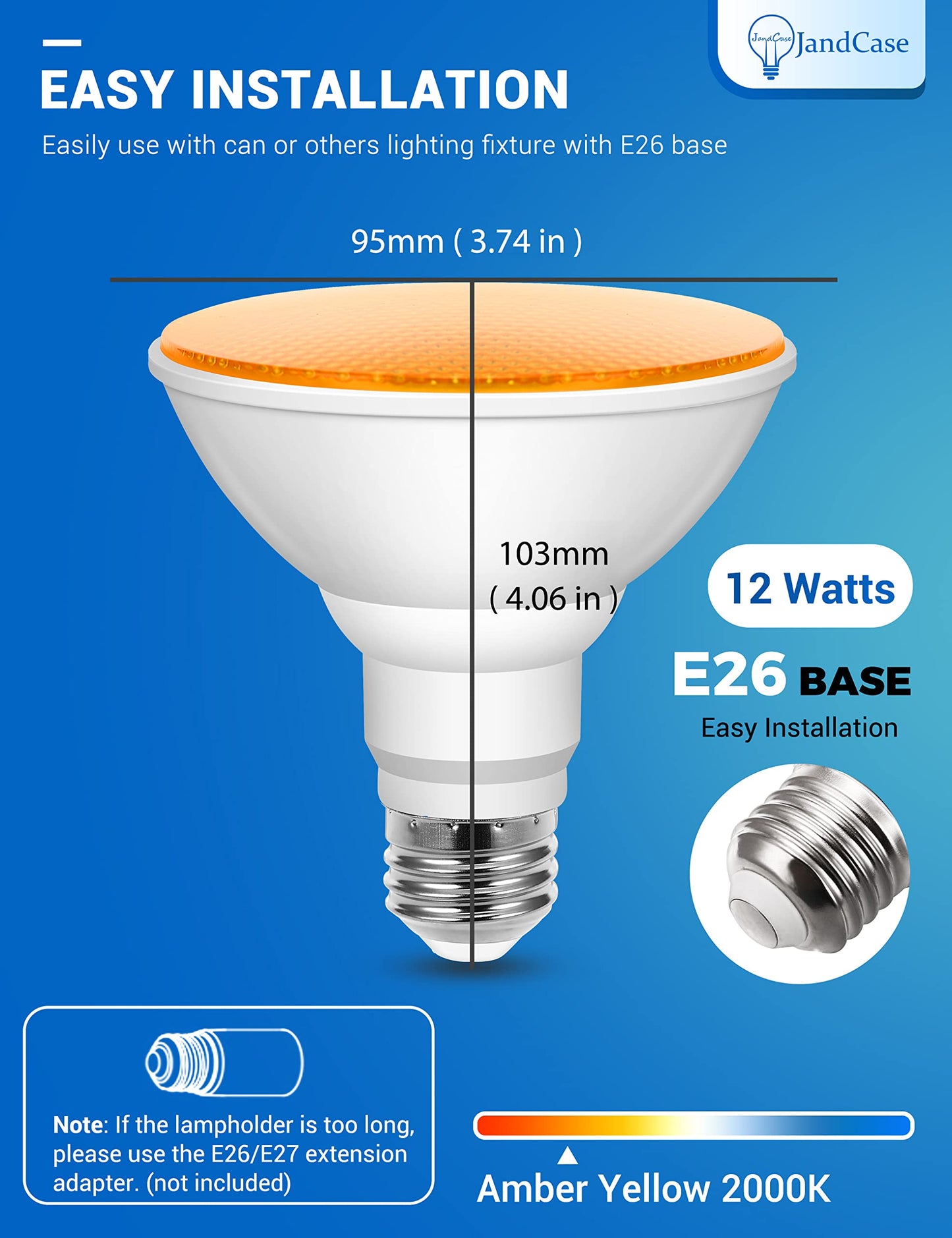 JandCase LED Bug Lights for Outside, 12W Yellow Bug Light Bulbs Outdoor, 100Watt Equivalent PAR30 Flood Light Bulbs for Porch Patio Courtyard, Non-Dimmable, 2 Pack