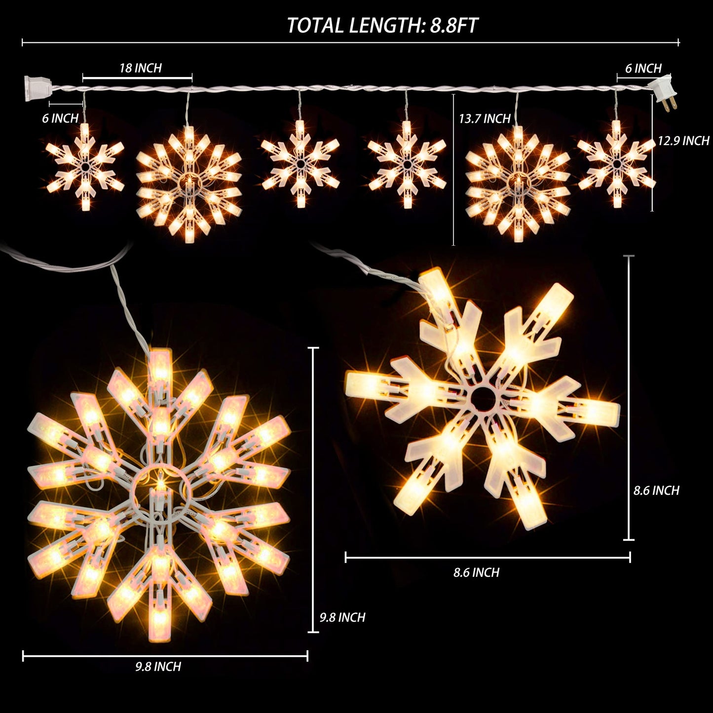 Dazzle Bright Christmas Snowflake Lights Outdoor,100 Count 8.5FT Connectable Waterproof Christmas Icicle Lights with 6 Drops Plug in for Indoor Xmas Yard Home Decorations (Warm White)