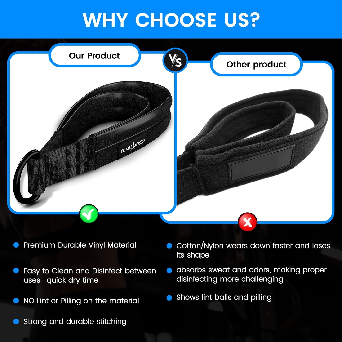 Vinyl Covered Double Loop Straps for Pilates Equipment - D-Ring Padded Fitness Straps for Studio & Home Gym Workouts