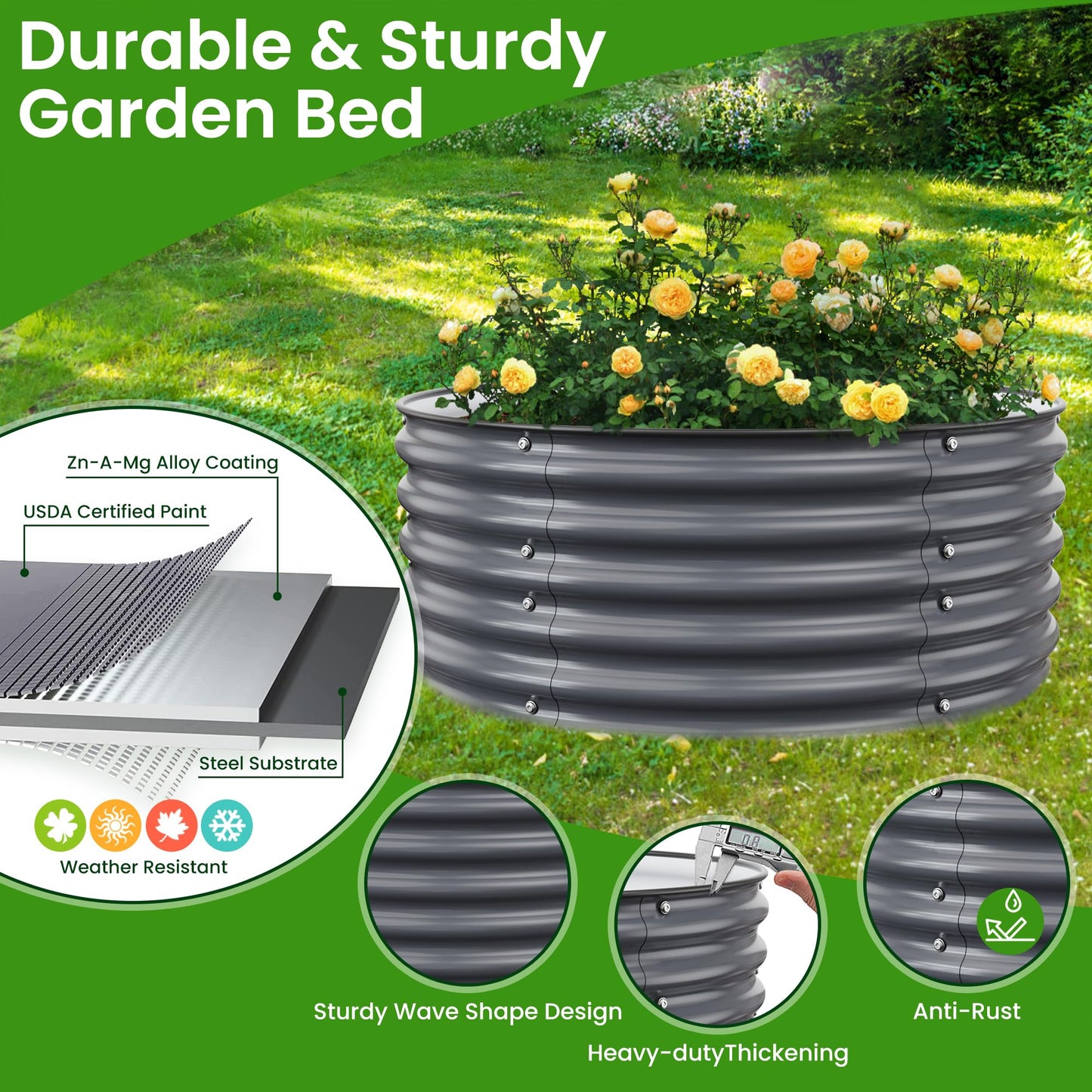 Nossta Round Raised Garden Beds, 42''x42''x17''Outdoor Galvanized Garden Planter Box for Vegetable Fruits Flower Herb (Deep Grey)
