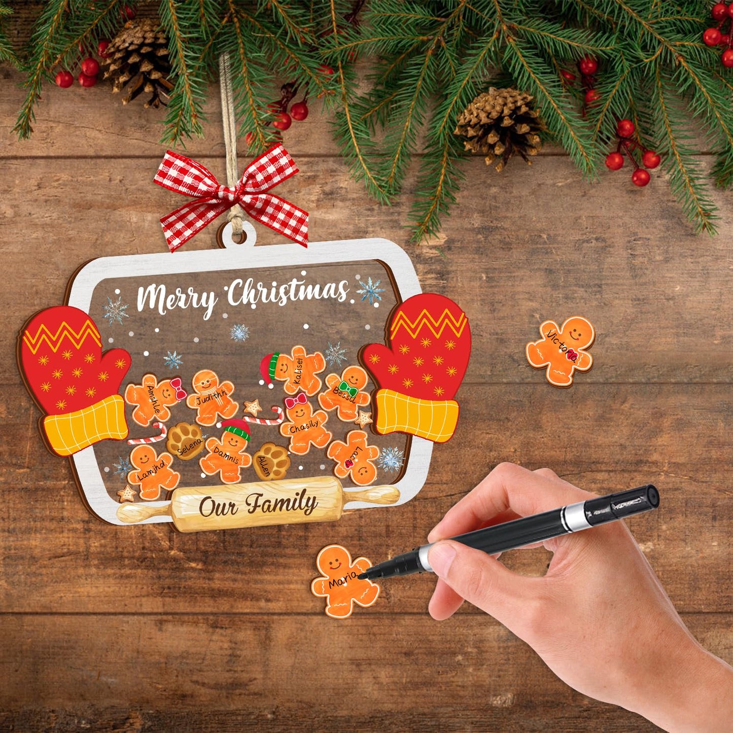 Funny Family Shaking Gingerbread Christmas Ornament DIY 1-15 Names New Year Party Home Decoration Xmas Tree Hanging Ornament Keepsake Gifts for Family Friend (Style 1)