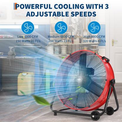 Garvee Industrial Floor Fan 24 in, Heavy Duty Drum Fan with Adjustable 3 Speed 4800-8800 CFM Cooling, Metal Blades & 360° Rotation for Industrial Commercial Space, Garage, Warehouse, Workshop