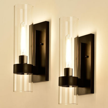 Hyperion house Indoor Wall Sconces Set of Two, Modern Black Bathroom Sconces Wall Decor with Cylinder Glass, Wall Lamps for Bedroom Hallway Vanity Kitchen Lighting Fixtures Set of 2