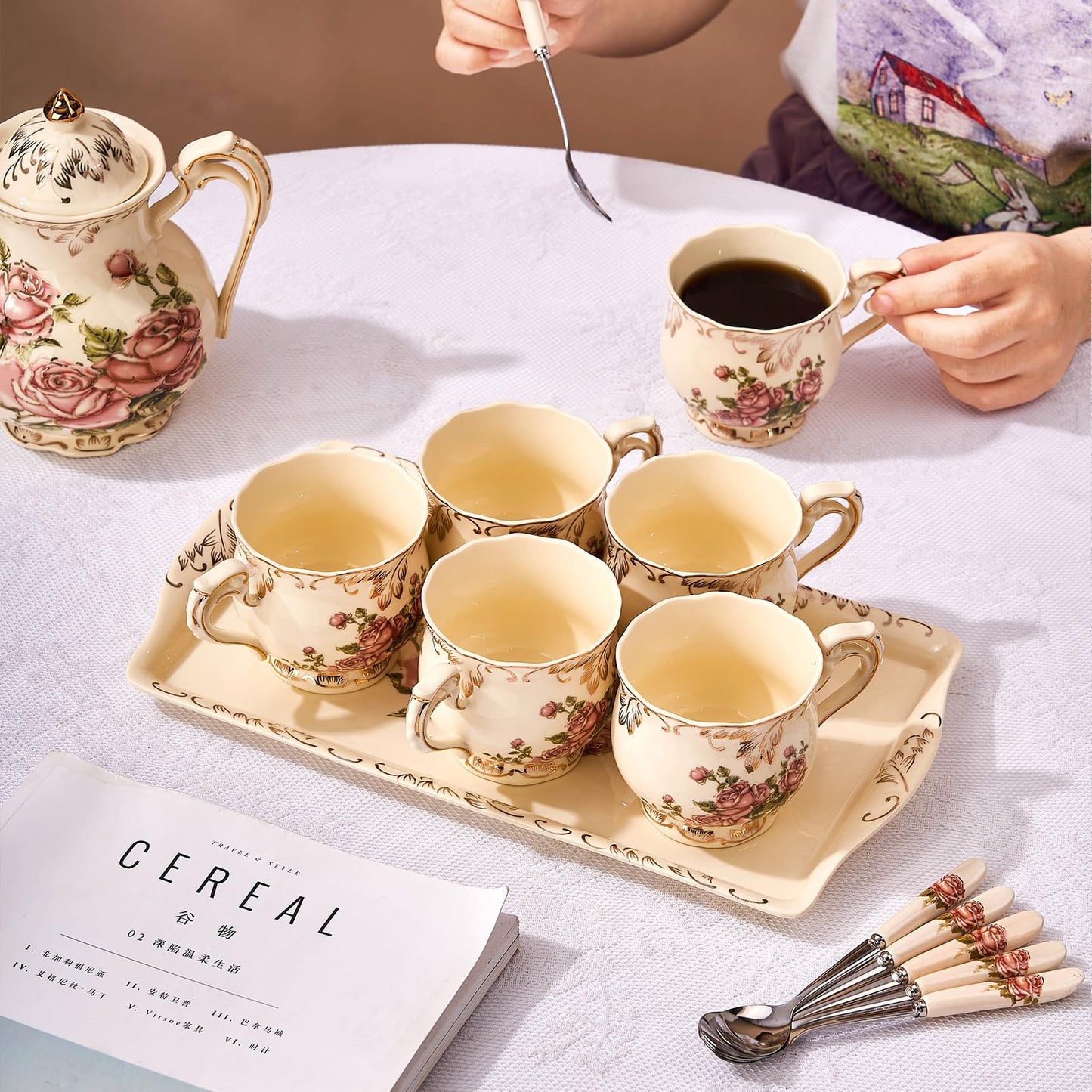 YOLIFE Ceramic Rose Serving Tray, Decorative Platter for Tea Party - 13.5 inch