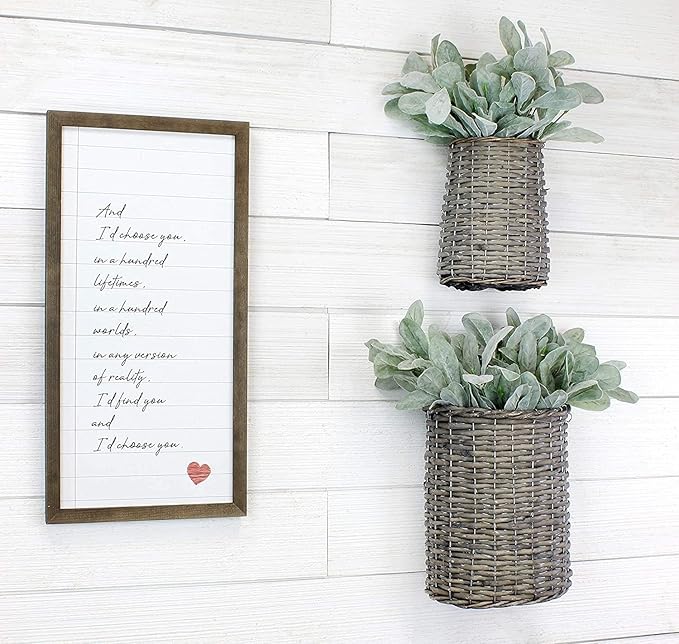 AuldHome Design Wall Hanging Baskets; Woven Wicker Rustic Farmhouse Gray Washed