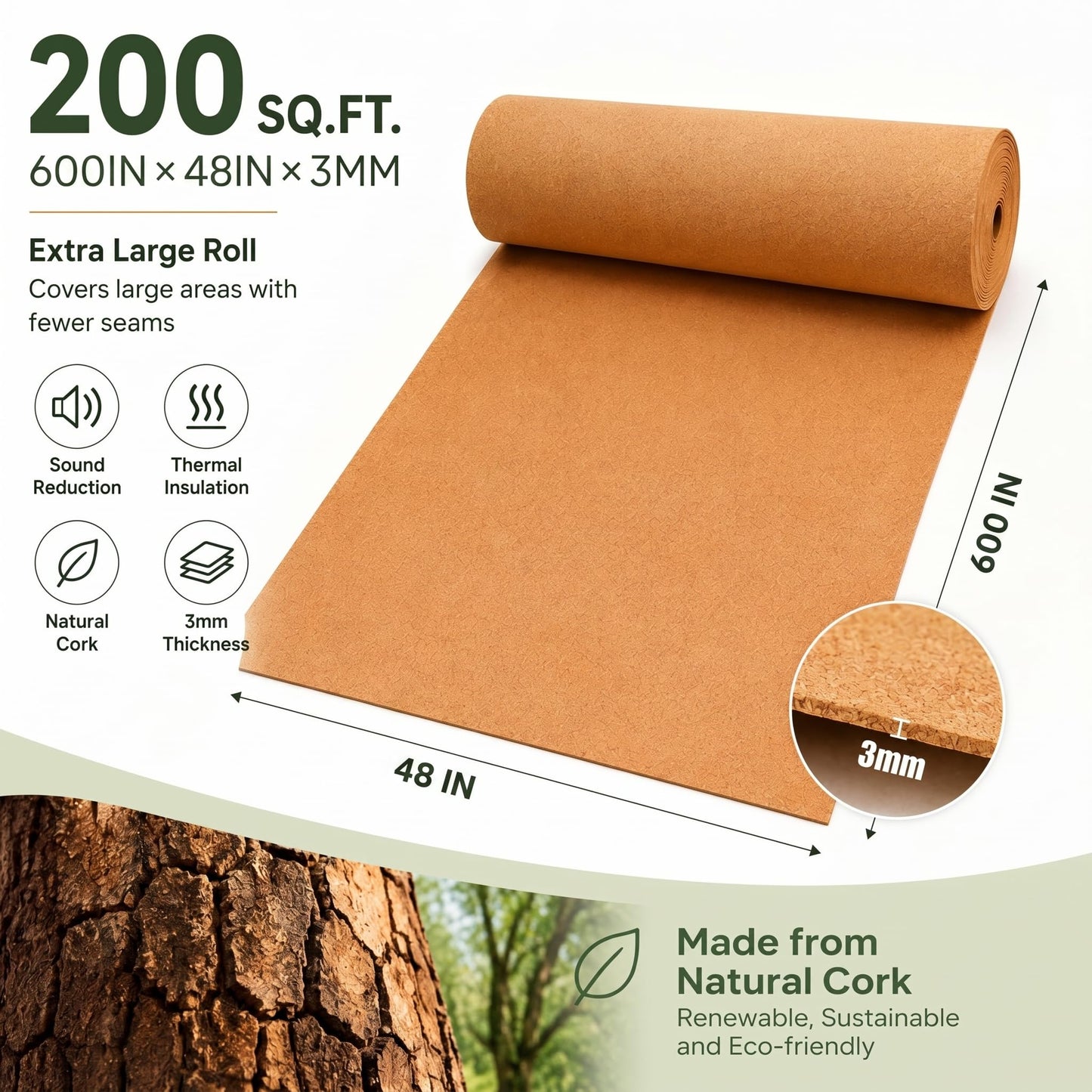 200 Sq. Ft. Cork Roll 48 x 600 Inch Cork Underlayment Roll Sound Insulation Mildew and Moisture Proof for Office Home School DIY Supplies(3mm Thick)