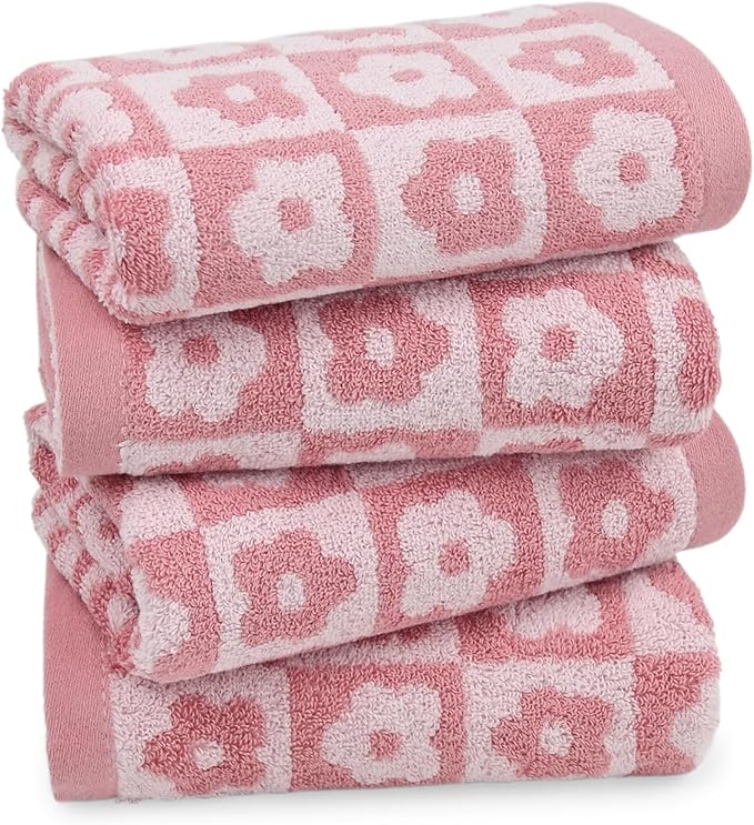 Jacquotha Cotton Hand Towels Pink Checkered Floral