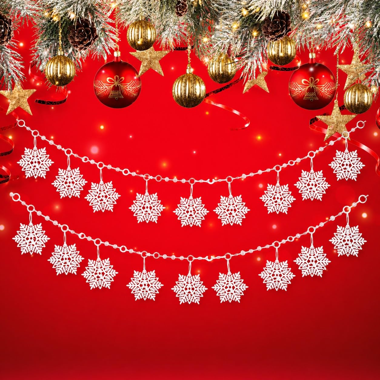 Snowflake Christmas Garland Decorations Set of 2 – 72 Inch Glitter Snowflake Hanging Garlands with Large 4” & 6” Snowflakes – Winter Wonderland Christmas Tree, Mantel, Staircase & Holiday Party Decor