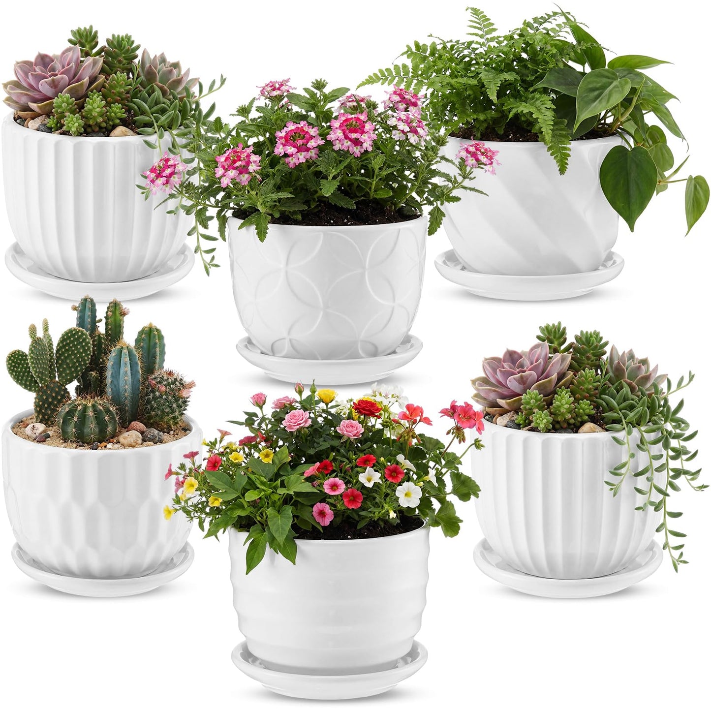 Maxdot 6 Set 4 Inch Ceramic Pots for Plants White Flower Pots with Drainage Holes Saucer Flower Planter for Indoor Outdoor Gardening Home Desktop Office Windowsill Decor