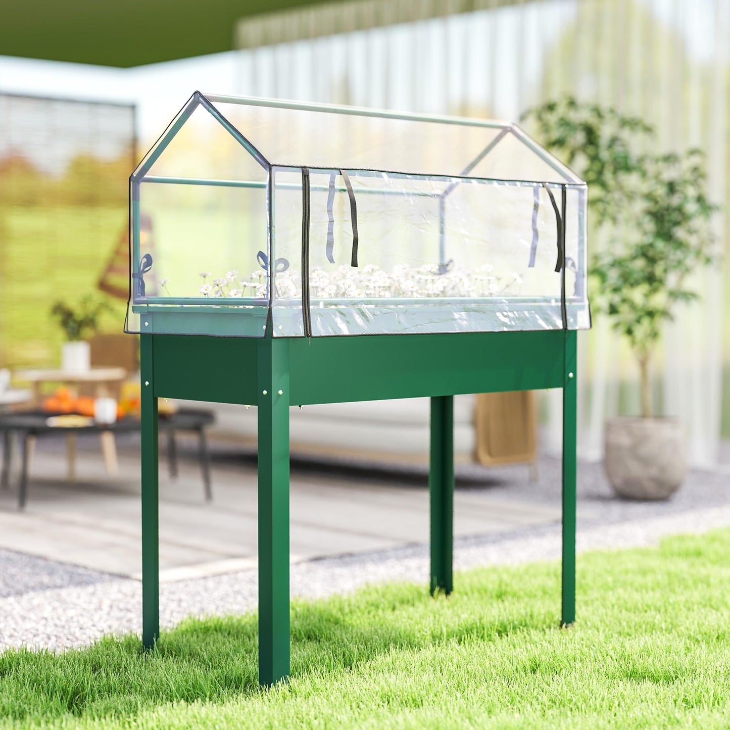 Outsunny Raised Garden Bed with Greenhouse Cover, Elevated Planter Box with Legs and Drainage Hole for Vegetables Flowers Herbs, 39.4" x 18.9" x 48.8", Green