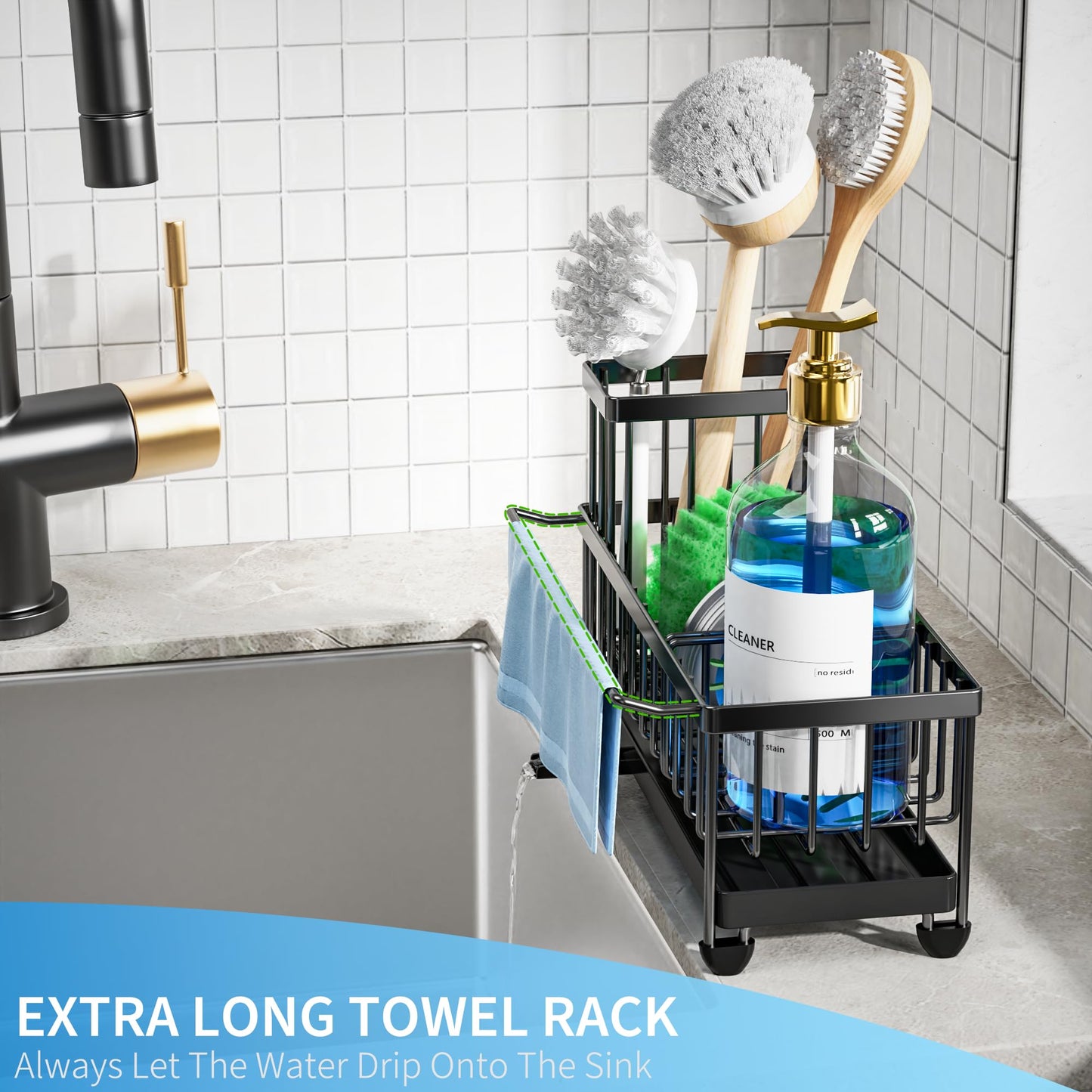 Cisily Black Sponge Holder for Kitchen Sink, Sink Caddy Organizer with High Brush Holder, Kitchen Countertop Organizers and Storage Essentials, Rustproof 304 Stainless Steel, Soap Dispenser Organize