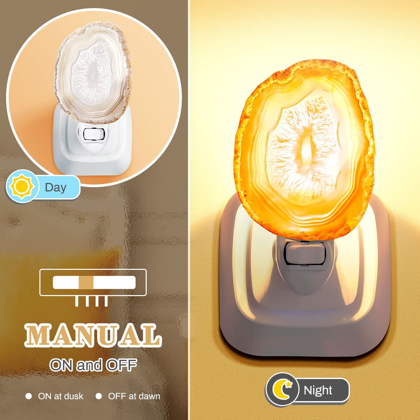 Hortsun Stone Nightlight Plug into Wall Christmas Agate Night Light Agate Slice Light Crystal with Switch Home Decor Hallway Lights, Nightlight for Toilet Kitchen Bedroom(Beige)