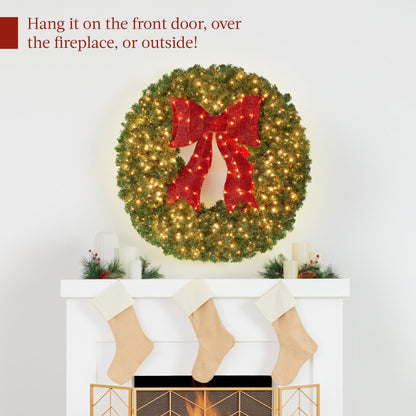 Best Choice Products 48in Large Artificial Pre-Lit Fir Christmas Wreath Holiday Accent Decoration for Door, Mantel w/Red Lighted Bow, 250 LED Lights, 714 PVC Tips, Power Plug-in