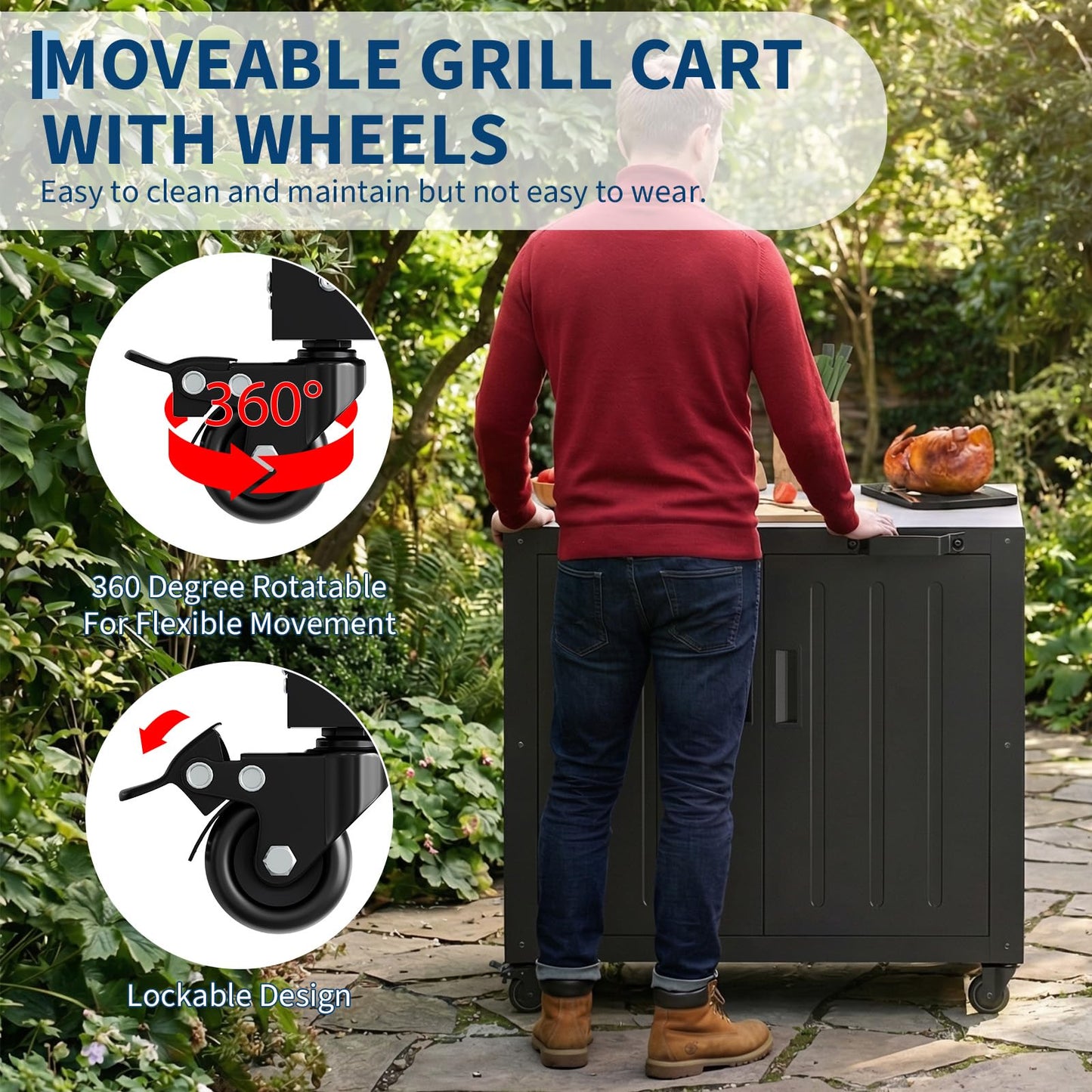 Outdoor Grill Cart with Storage Cabinet, Outdoor Cooking Table, Made Entirely of Stainless Steel, Grill Station for Kitchen Prep, Working Table, Lawn & Garden