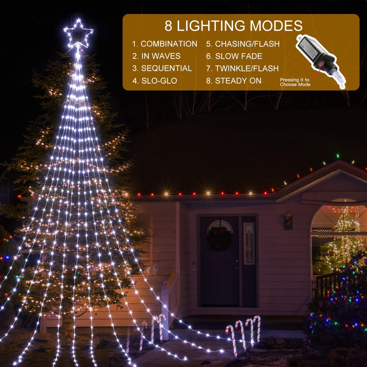 Christmas Decorations Star String Lights, 344 LED Waterfall Tree Lights with 11" Topper Iron Star Christmas Lights Indoor Outdoor Decorative for Wedding Party Home Holiday Decor (Pure White)