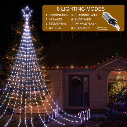 Christmas Decorations Star String Lights, 344 LED Waterfall Tree Lights with 11" Topper Iron Star Christmas Lights Indoor Outdoor Decorative for Wedding Party Home Holiday Decor (Pure White)