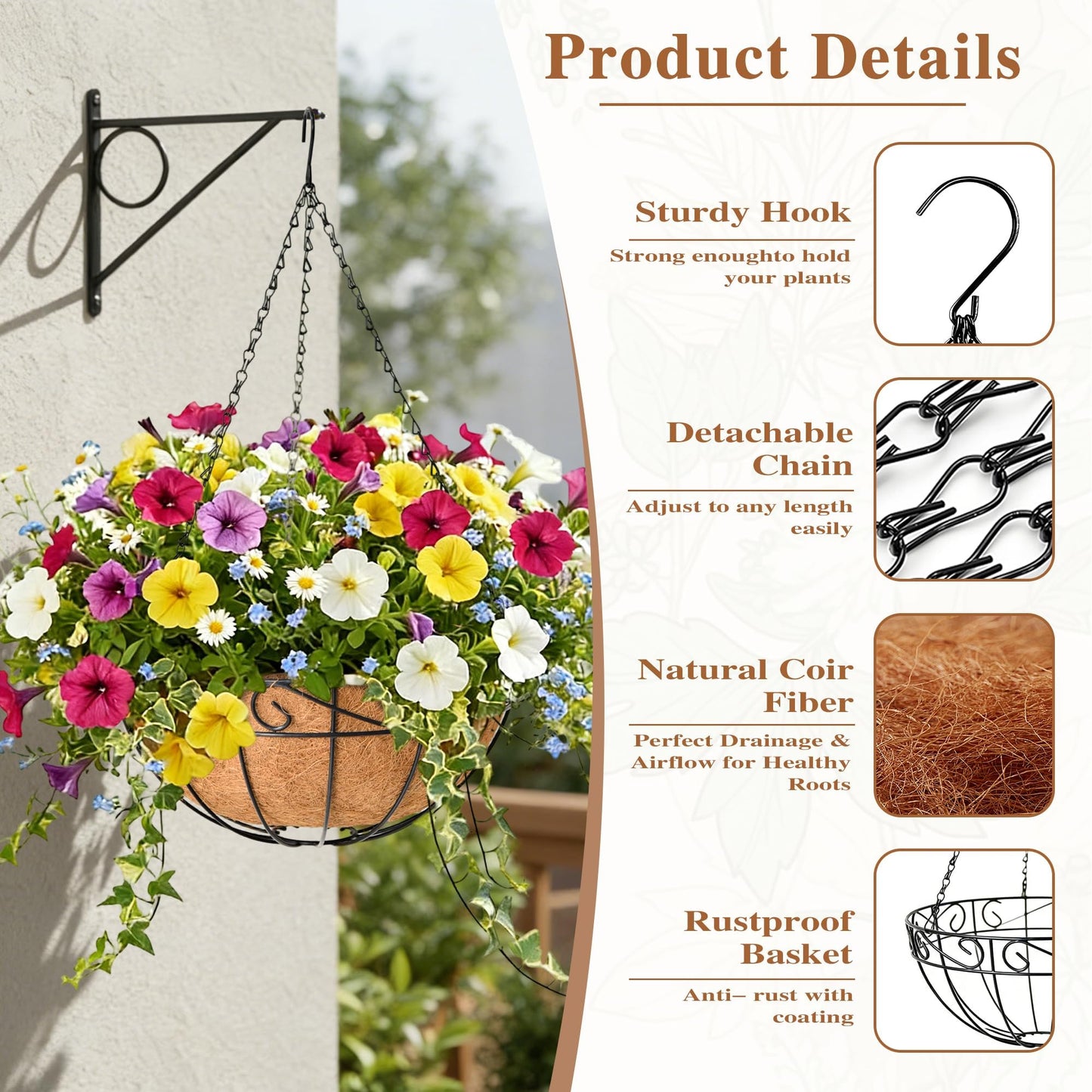 4 Pack Hanging Planter for Outdoor Plants 14 inch Metal Hanging Flower Basket with Coco Coir Liner Round Wire Plant Holder Chain Flower Pots Outdoor Garden Decoration Watering Hanging Baskets（HB）