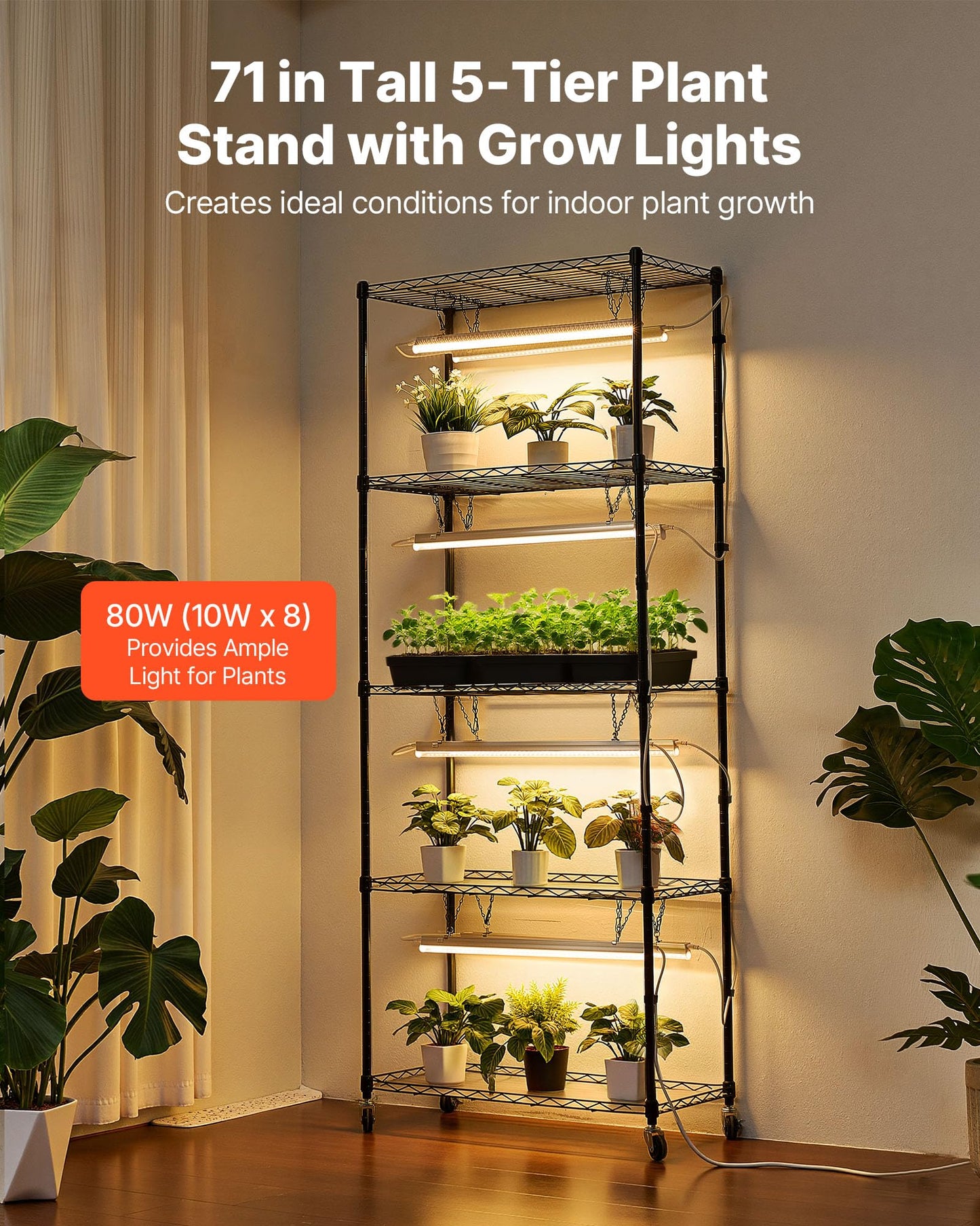 VEVOR Plant Shelf with Grow Light, 6-Tier Indoor Plant Stand, 71 in Tall Plants Display Rack with Wheels & 4/9/14H Timer, 80W T5 LED Full Spectrum Grow Lights, Flower Pot Holder for Seed Starting