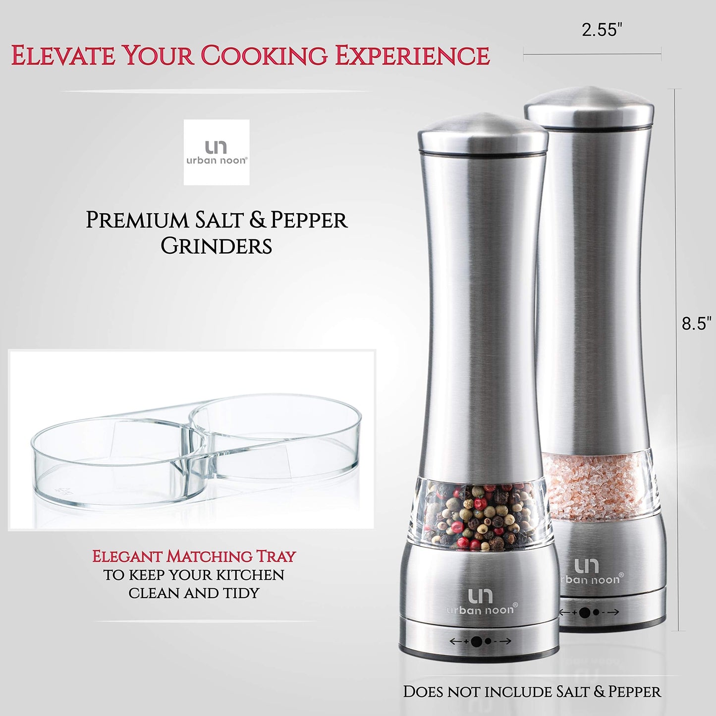 Salt and Pepper Grinder Set - Large Capacity Stainless Steel Pepper Grinder and Salt Grinder with Tray in Luxurious Gift-Box - Manual Mills with Ceramic Grinders and Adjustable Coarseness (Set of 2)