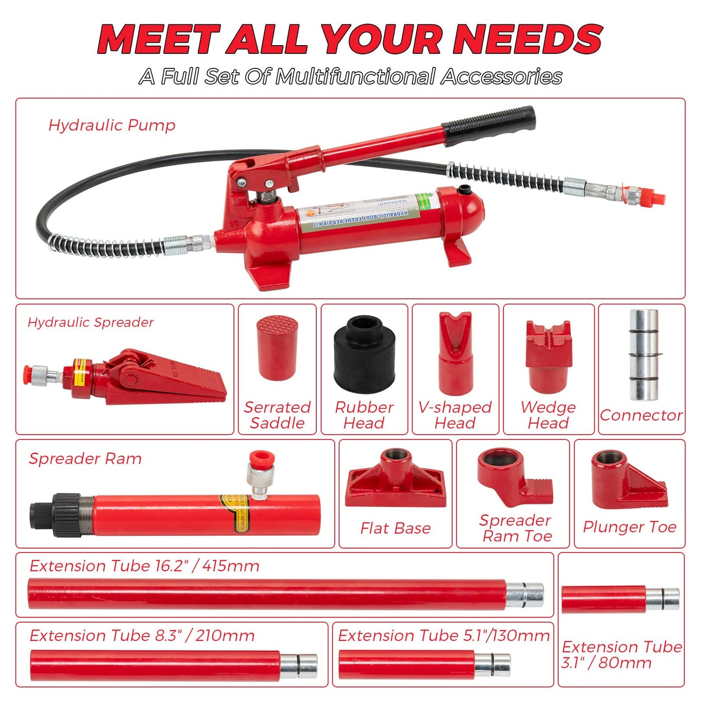 4 Ton Porta Power Hydraulic Jack Kit, 8800 Lbs Capacity Hydraulic Multifunctional Jack with 3.9 ft/1.2 m Oil Hose, Auto Body Frame Repair Kit, Storage Case, for Car Repair, Truck, Garage