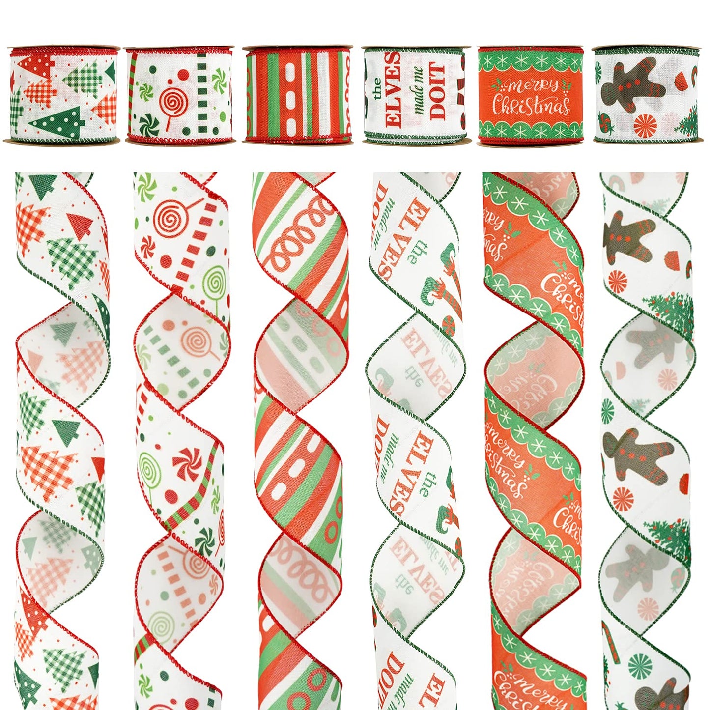 MEEDEE Christmas Ribbon Set - Wired Burlap Ribbon, 2.5 Inch, 6 Rolls, 36 Yards, Red & Green for Trees, Wreaths & Decorations