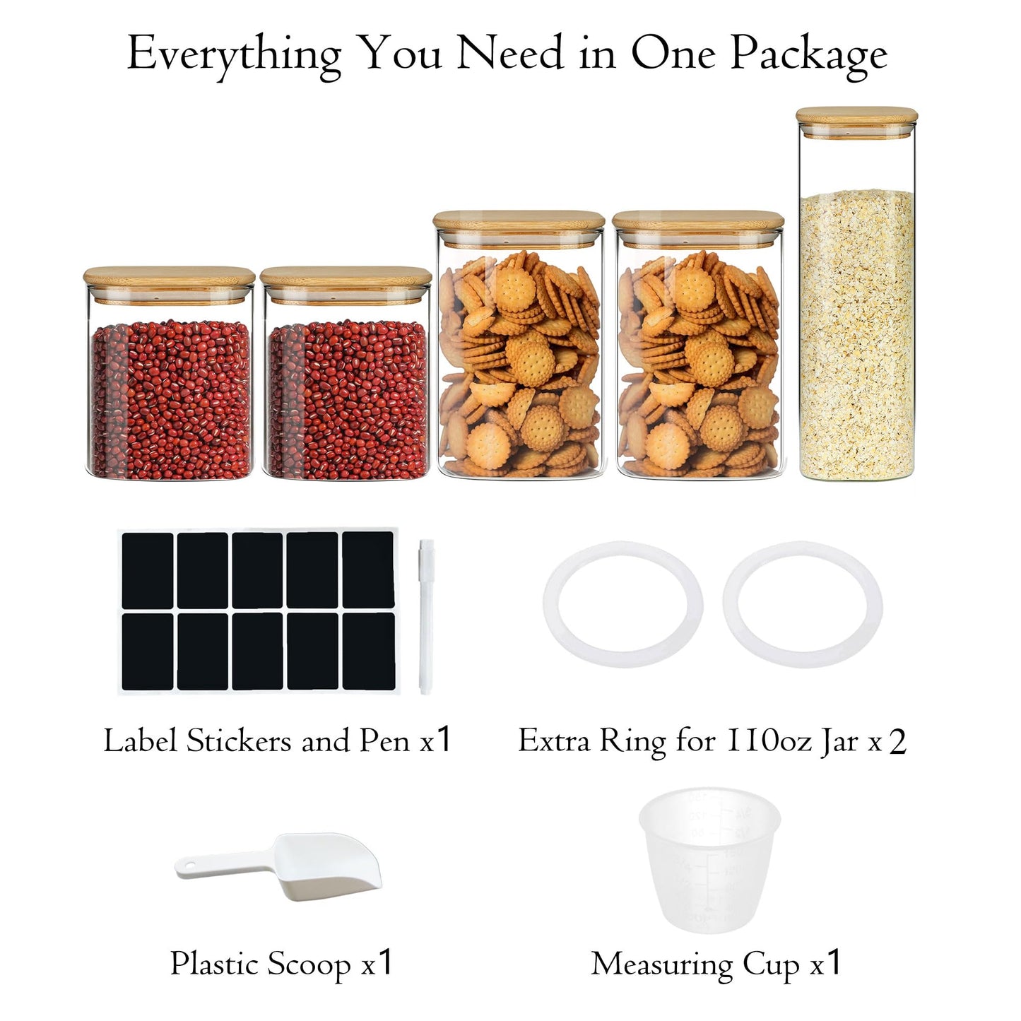 Glass Storage Containers with Airtight Bamboo Lids Muti Size Set of 5,Pantry Food Glass Jar with Lid,Perfect for Kitchen Organization-Nuts,Flour, Rice, Pasta, Sugar, Coffee Beans, Accessories Included