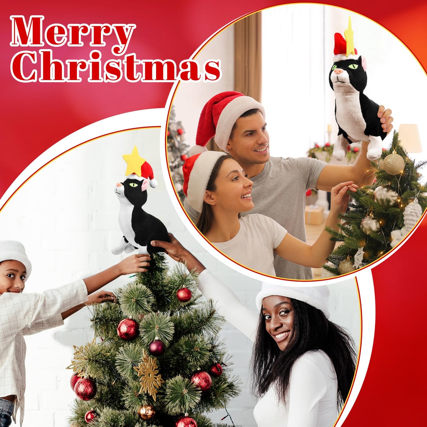 Shappy Christmas Tree Topper Decoration Black Cat Christmas Tree Topper with Star Plush Stuffed Christmas Tree Ornament Cat with Santa Hat Xmas Decoration for Cat Lovers Gift Ideas