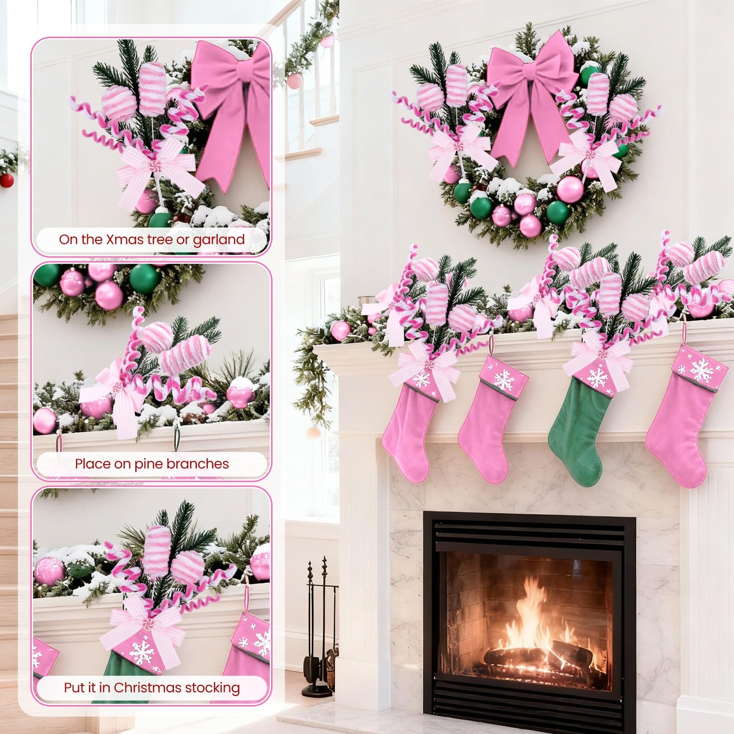 Pastel Candy Cane Christmas Tree Picks Set of 4, Pink Peppermint Ornament Sprays with Bows and Greenery, Christmas Tree Topper Decorations, Candyland Christmas Decor for Tree, Wreath and Garland