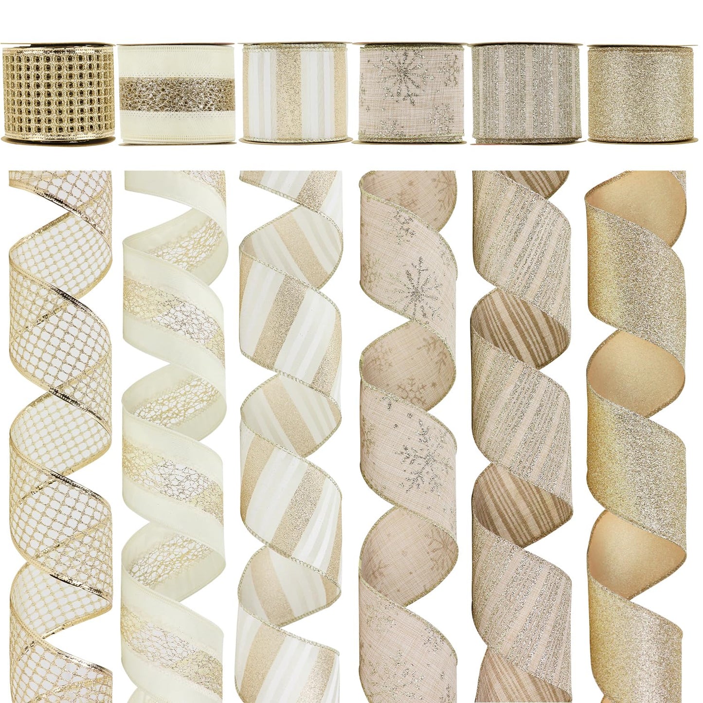 HUIHUANG Champagne Gold Christmas Ribbon Wired Champagne Glitter Christmas Tree Ribbons for X-mas Tree, Wreaths, Garlands, Home Decor, Wrapping (2.5" x 6 Rolls, 36 Yds Total)