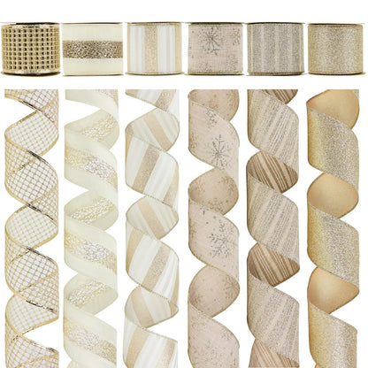 HUIHUANG Champagne Gold Christmas Ribbon Wired Champagne Glitter Christmas Tree Ribbons for X-mas Tree, Wreaths, Garlands, Home Decor, Wrapping (2.5" x 6 Rolls, 36 Yds Total)