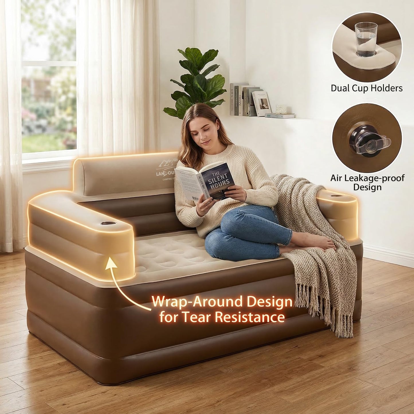 LANMOUNTAIN Inflatable Couch Set with Cup Holders & Pump, Velvety Air Sofa (1 Loveseat 60"x32"x34" & 2 Chairs 41"x32"x34") for Camping & Home