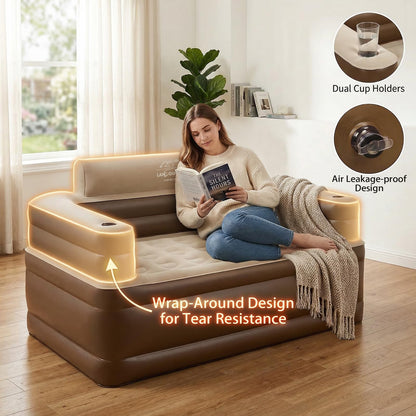 LANMOUNTAIN Inflatable Couch Set with Cup Holders & Pump, Velvety Air Sofa (1 Loveseat 60"x32"x34" & 2 Chairs 41"x32"x34") for Camping & Home