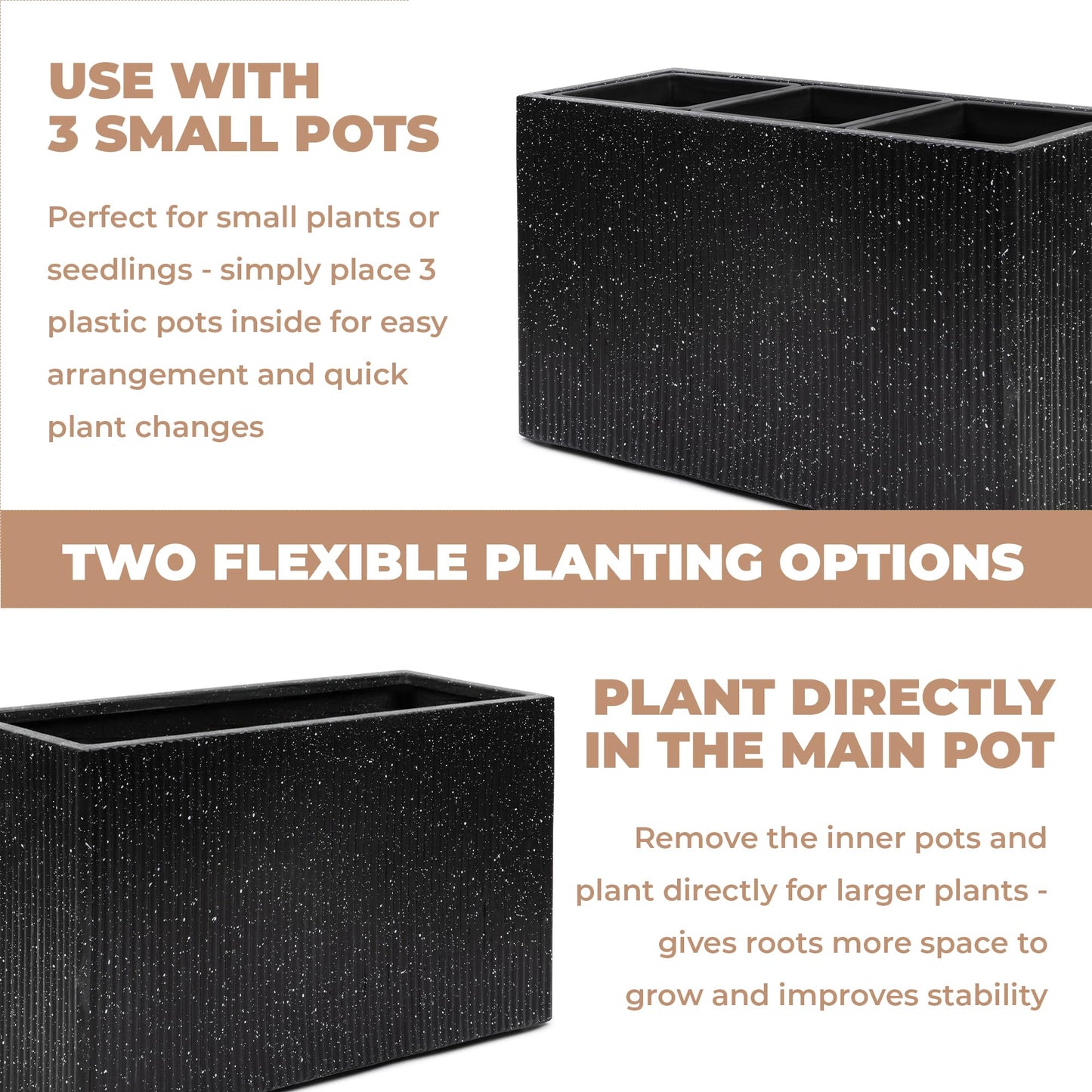 DEPLA LANE Trevano Fiberstone Rectangular Planter (26" L x 9.8" W x 15.7" H) Ribbed Finish, Removable Inner Pots, Lightweight, Durable, UV Resistant, Modern Indoor Outdoor Plant Pot (M, Ribbed Black)