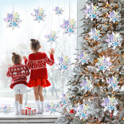 18pcs Hanging Snowflakes Decorations, 3D Iridescent Large Snowflakes Ornaments Hanging Snow Flakes from Ceiling for Christmas Winter Wonderland Indoor Home New Year Frozen Birthday Party Decorations