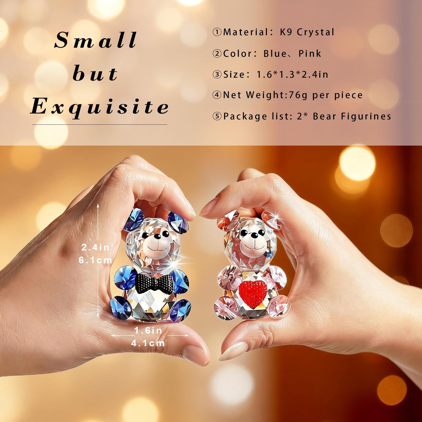 HDCRYSTALGIFTS 2pcs Crystal Bear Figurine Collectibles Gift for Mom Women 2.4inch Art Glass Teddy Bear Animals Paperweight Statue Anniversary Birthday Home Tabletop Wedding Party Decor