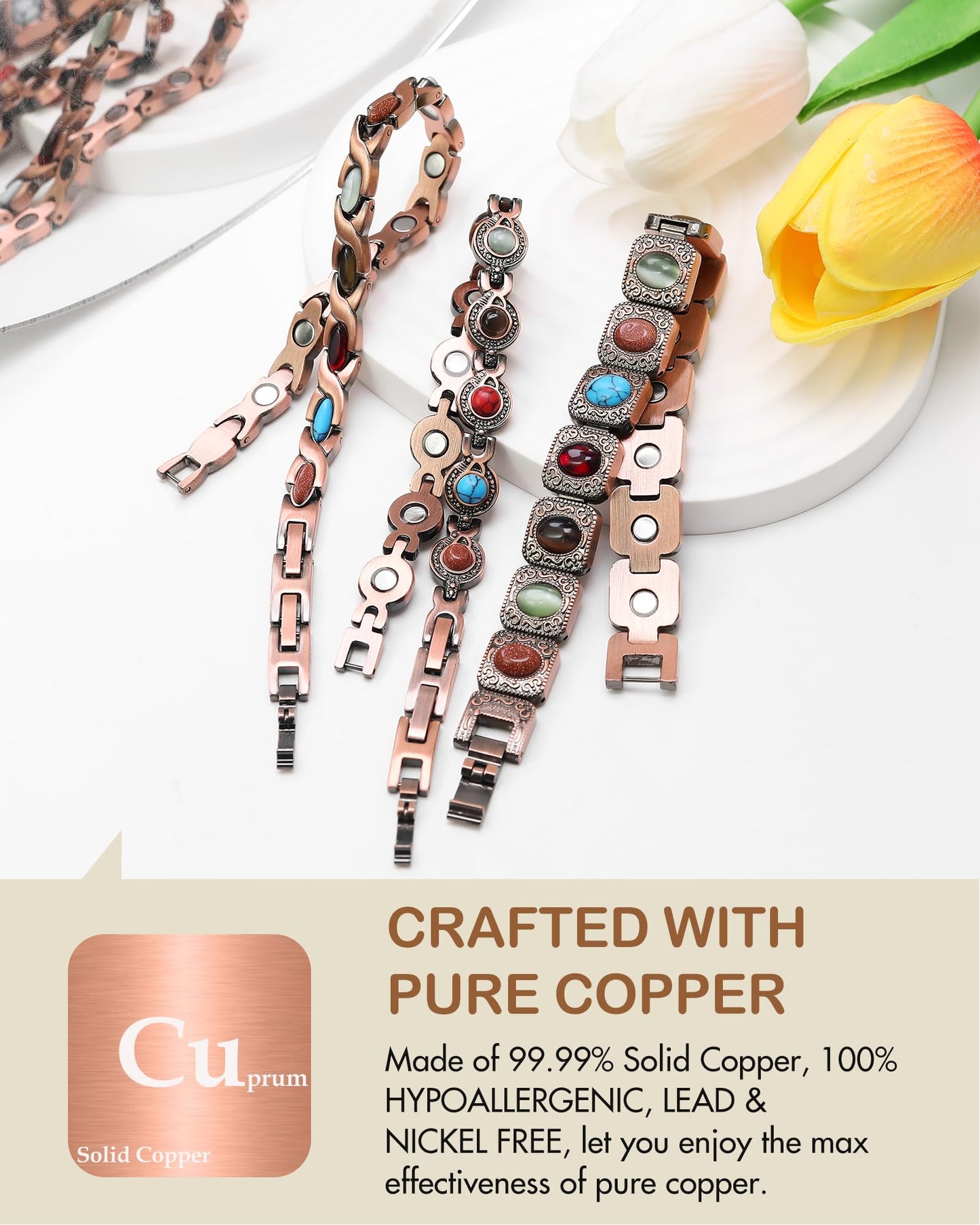 Feraco Pure Copper Bracelets for Women, Ultra Strength Magnetic Bracelet with 3800 Gauss Magnets & Natural Turquoise & Stones, Adjustable, Jewelry Gift (Infinite)