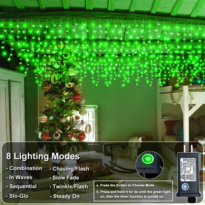 Icicle Lights for Outside - 33FT 400 LED Icicle Christmas Lights Outdoor with 75 Drops 8 Modes Timers, Waterproof Connectable Hanging Lights for Indoor House Eaves Yard Party Decorations, Green