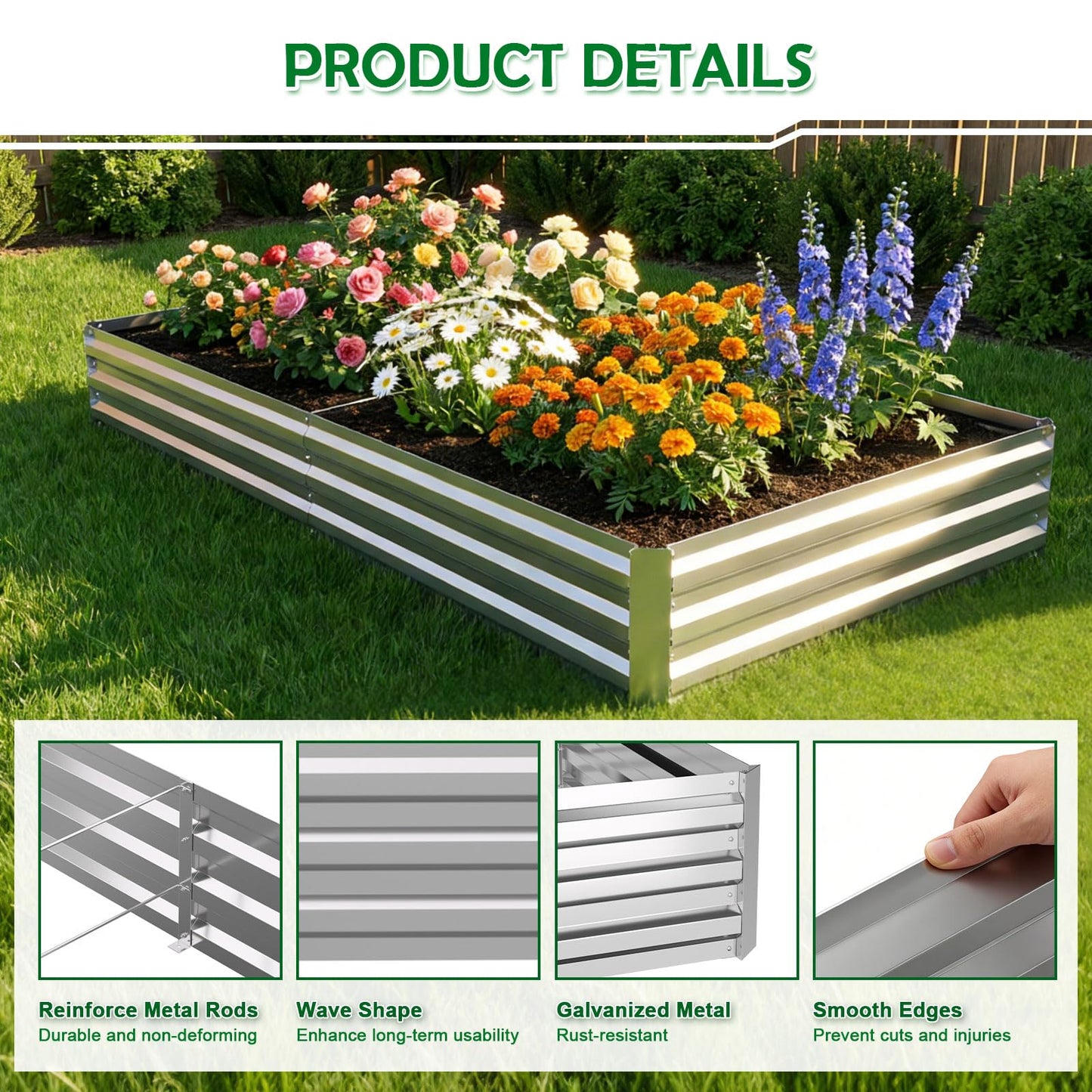 Tegarbed 6x3x1FT Galvanized Raised Garden Bed Outdoor Patio, Large Rectangular Metal Planter Boxes,Plant Container Kit for Gardening, Vegetables, Flowers, Herbs,Silver,1 Pack