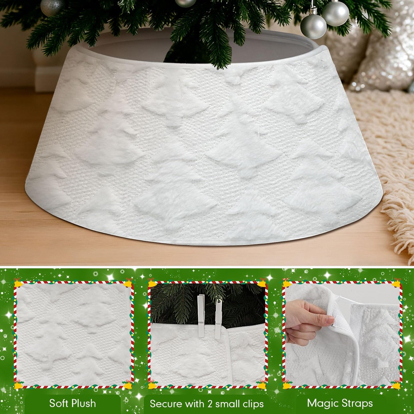 Halloscume 28.35 Inch Christmas Tree Collar Xmas Trees Skirt Boho Rustic White Faux Fur Christmas Tree Ring Skirt with Trees Pattern for Xmas Holiday Decoration Home Decor