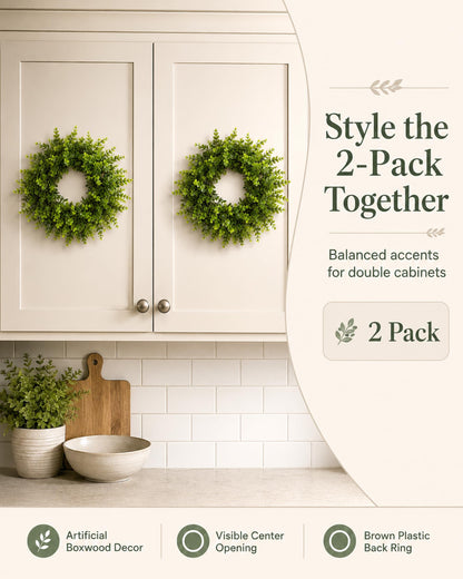 Plamyi 12" Mini Boxwood Wreaths 2-Pack - Faux Greenery for Decorating