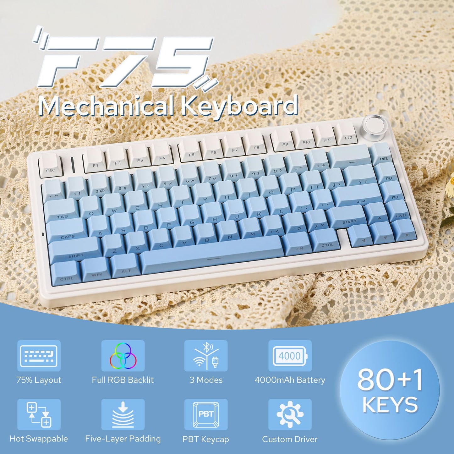EPOMAKER x Aula F75 Gasket Mechanical Keyboard, 75% Wireless Hot Swappable Gaming Keyboard with Five-Layer Padding&Knob, Bluetooth/2.4GHz/USB-C, RGB (Light Blue, LEOBOG Reaper Switch)