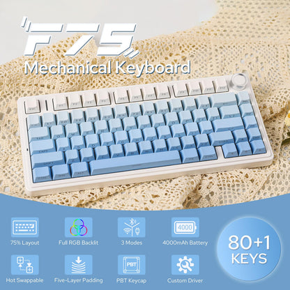 EPOMAKER x Aula F75 Gasket Mechanical Keyboard, 75% Wireless Hot Swappable Gaming Keyboard with Five-Layer Padding&Knob, Bluetooth/2.4GHz/USB-C, RGB (Light Blue, LEOBOG Reaper Switch)