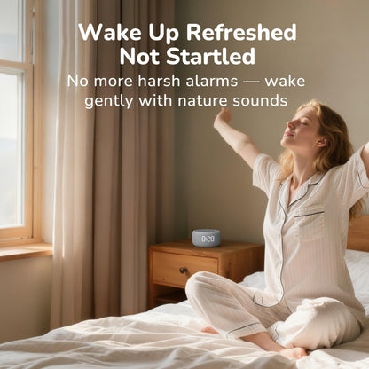 Buffbee Alarm Clock with Sound Machine for Bedrooms – 2-in-1 White Noise Machine for Sleep, Gentle Wake-Up with Soft Alarm Sounds, Ambient Night Light, Plug-in, Sleep Better, Wake Gently