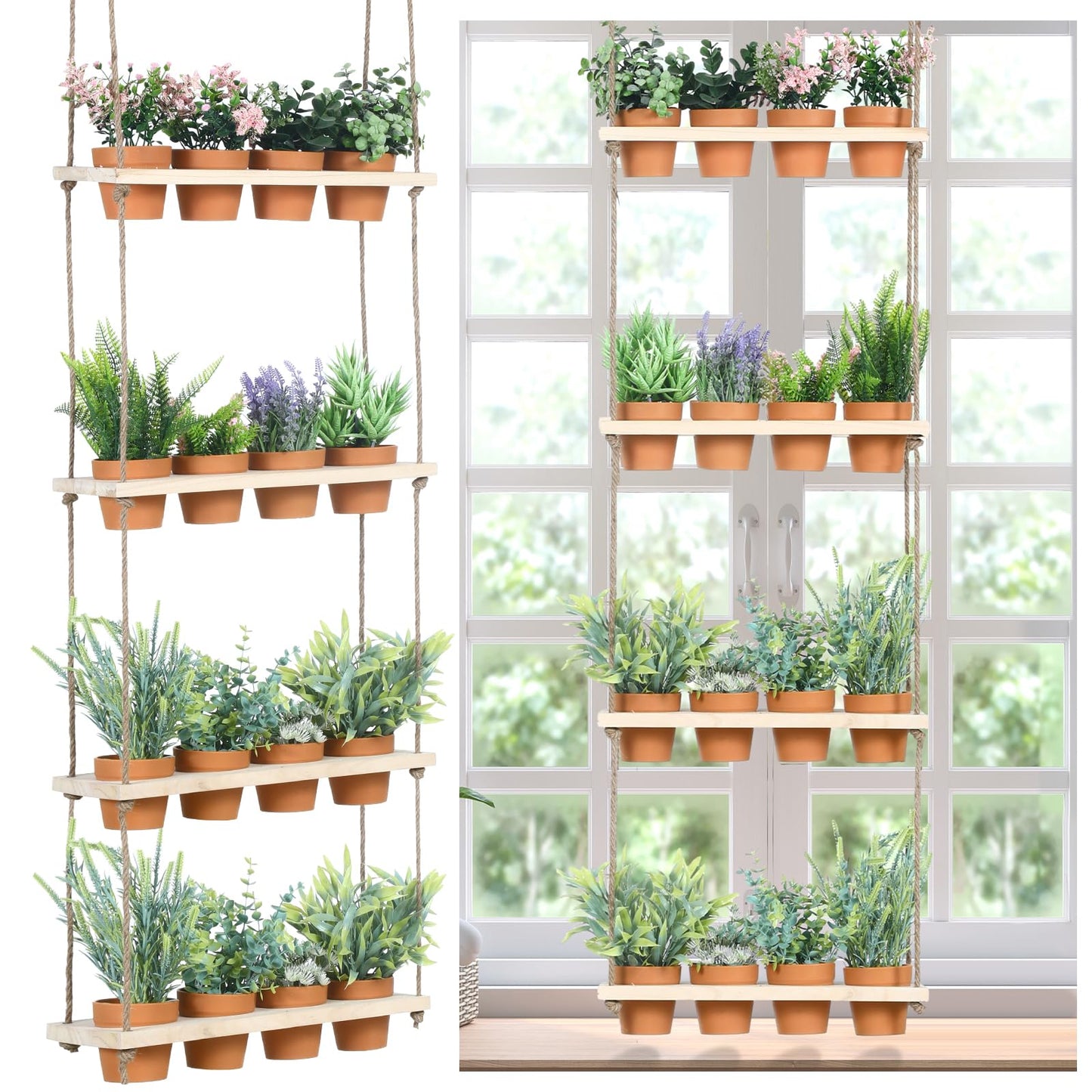 FillTouch 4 Tiered Window Plant Shelves Hanging Herb Planter Indoor Display with 16 Pcs Flower Pots Wood Window Plant Hanger for Grow Herbs Succulents Microgreens Seedling Organization