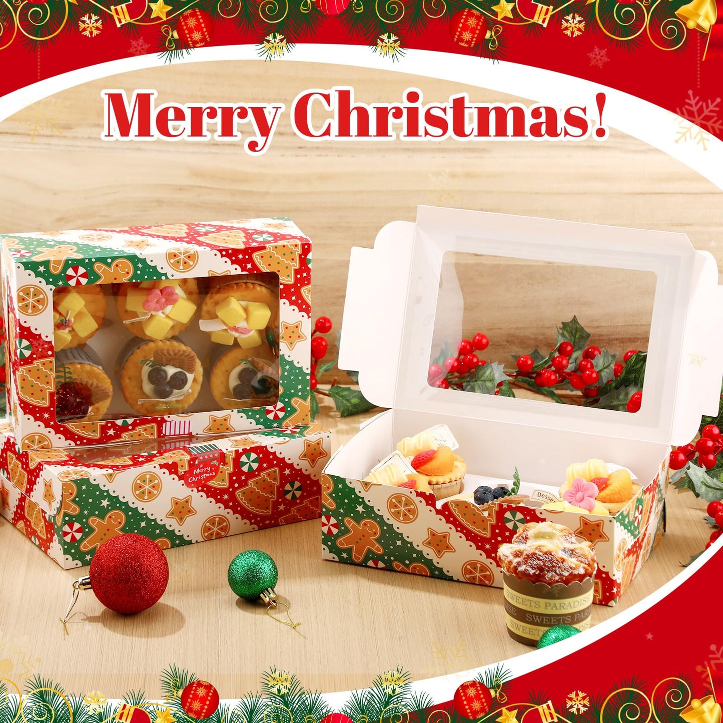 Widecook 30 Pack Christmas Cupcake Boxes 6 Count 9.5"x6.1"x3" Gingerbread Cookie Containers Carrier with Insert Trays Window and Stickers for Cup Cake Bakery Pastry Candy Packaging Holiday Party
