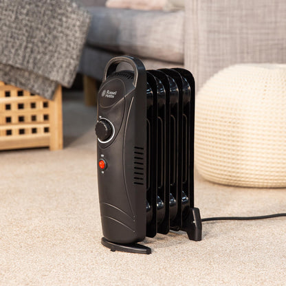 Russell Hobbs 650W Oil Filled Radiator, 5 Fin Portable Electric Heater - Black, Adjustable Thermostat, Safety Cut-off, 10 m sq Room Size, RHOFR3001, 2 Year Guarantee