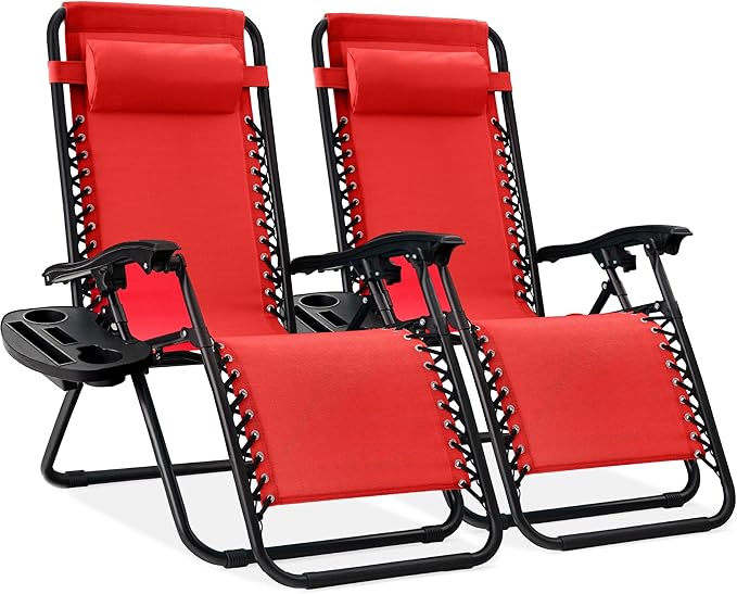 Best Choice Products Set of 2 Adjustable Steel Mesh Zero Gravity Lounge Chair Recliners w/Pillows and Cup Holder Trays - Crimson Red