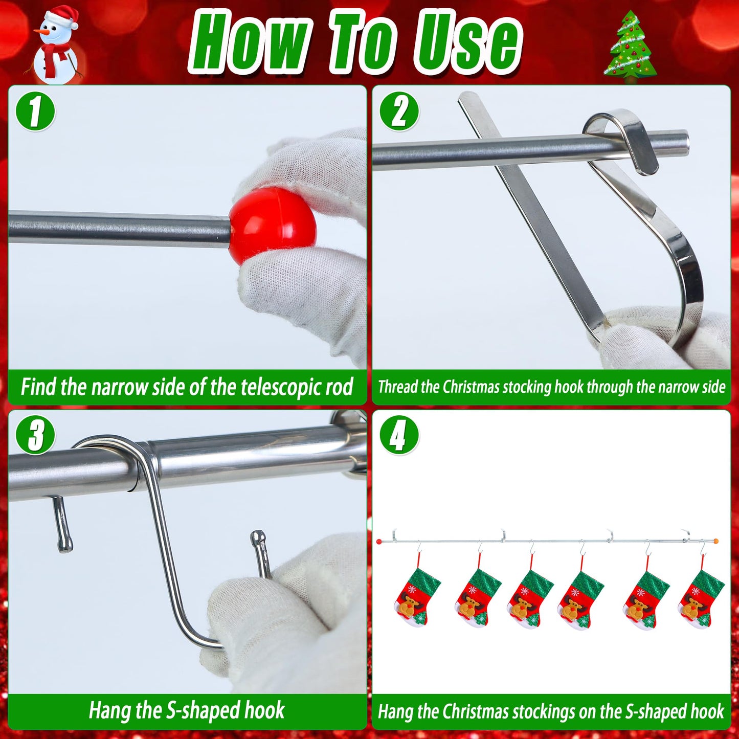 Muximud 3 in 1 Christmas Fireplace Stocking Holders for Mantel, 59" Adjustable Metal Mantel Garland Stocking Hanger Rod with 10 Hooks for Holiday Fireplace Counter Window Decoration