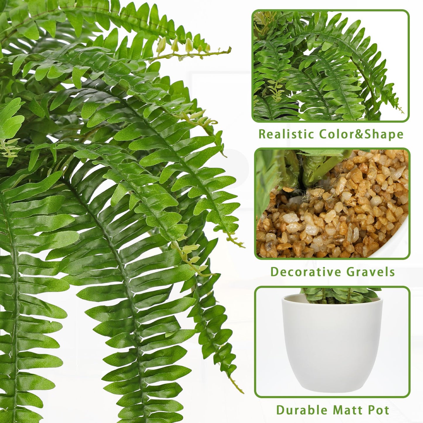 Hollyone Artificial Fern Plants in White Pot 25.5" Medium Artificial Boston Fern 31 Leaves for Outdoors & Indoor Faux Potted Plants Fake Ferns Bush Plant Patio Garden Farmhouse Porch Home Decor Green